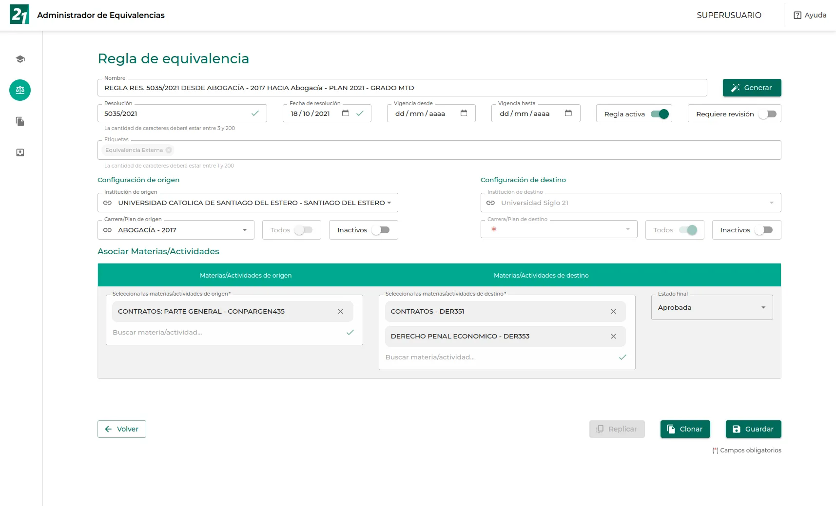 Portal de equivalencias, permite configurar reglas de equivalencias, dar seguimiento y mantener actualizados los trámites con IA