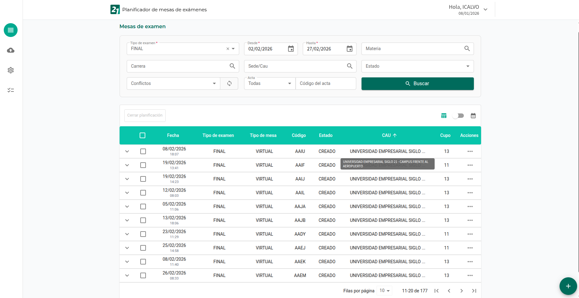 Gestión del planificador de exámenes en una plataforma académica digital