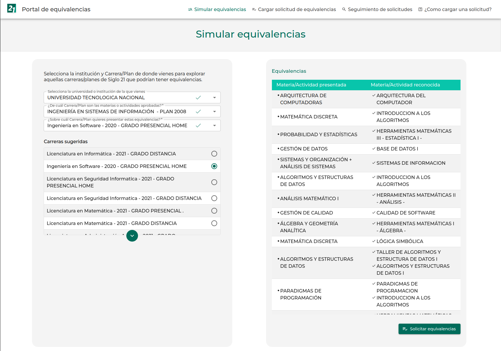 Portal de equivalencias para simular tus equivalencias de una universidad a otra, o dentro de la misma universidad